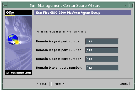 Screen capture of the Sun Management Center Setup Wizard, displaying the domain port configuration panel. 