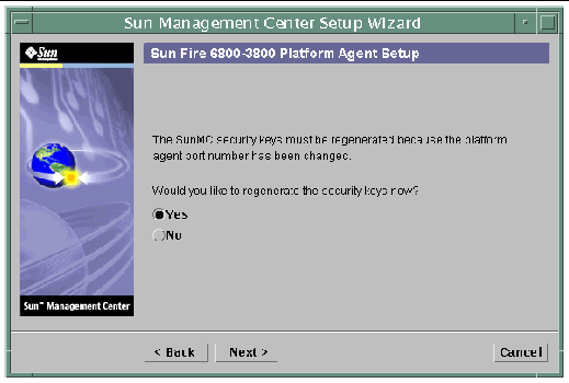 Screen capture of the Sun Management Center Setup Wizard, displaying the "generate security keys" panel. 