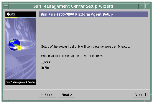Screen capture of the Sun Management Center Setup Wizard, displaying the "server host only" query. 