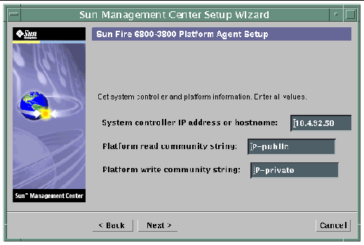 Screen capture of the Sun Management Center Setup Wizard, displaying the platform configuration panel. 