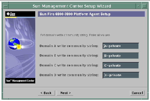 Screen capture of the Sun Management Center Setup Wizard, displaying the domain community configuration panel. 