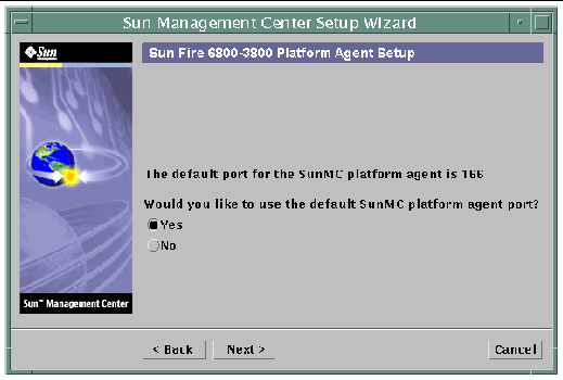 Screen capture of the Sun Management Center Setup Wizard, displaying the default platform port panel. 