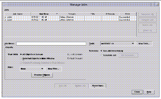 Screen capture of the Manage Jobs panel. 