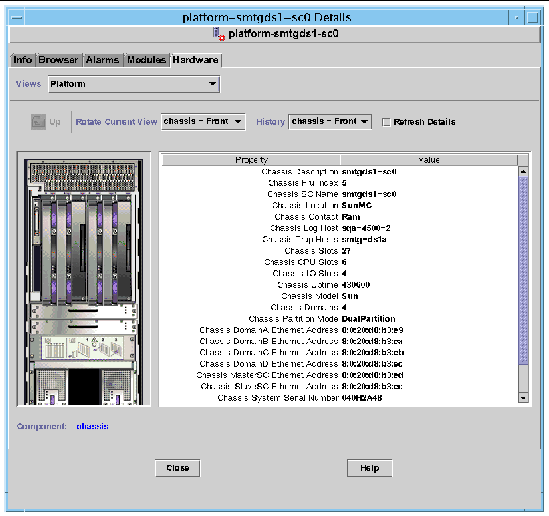 Screen capture of the Physical view, showing the rear view of a Sun Fire 6800 system. 