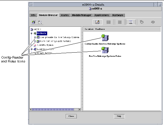 Screen capture of the Config-Reader and Rules icons in the Browser tab of the Details window. 