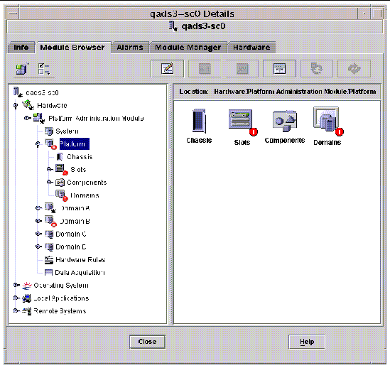 Screen capture of the Platform tables in the Module Browser tab of the Details window. 