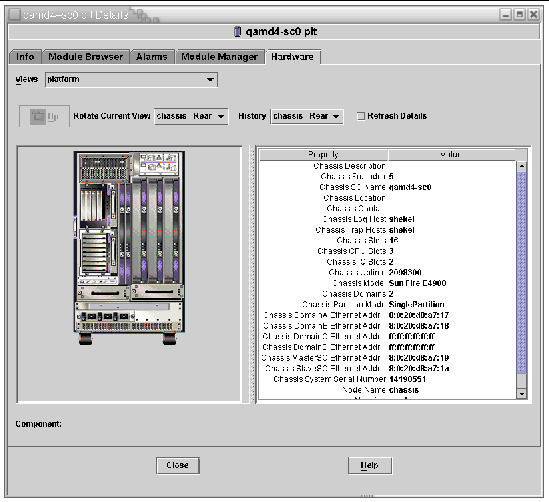 Screen capture of the Physical view, showing the rear view of a Sun Fire 6800 system. 