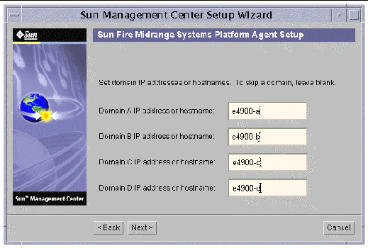 Screen capture of the Sun Management Center Setup Wizard, displaying the domain IP configuration panel. 