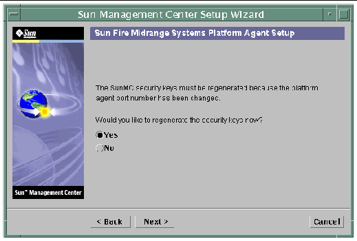 Screen capture of the Sun Management Center Setup Wizard, displaying the "generate security keys" panel. 