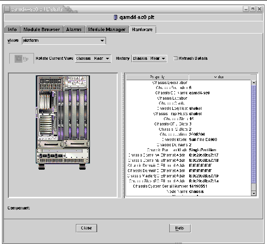 Screen capture of the Physical view, showing the rear view of a Sun Fire 6800 system. 