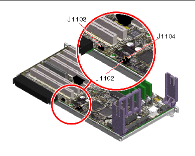 This illustration shows the location of hardware jumpers on the PCI riser board.