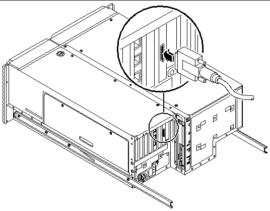 This illustration shows the attachment of a monitor video cable to a video port on the rear of the chassis