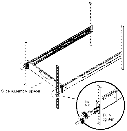 This illustration shows how to position the Slide Assembly Spacer over the rails.