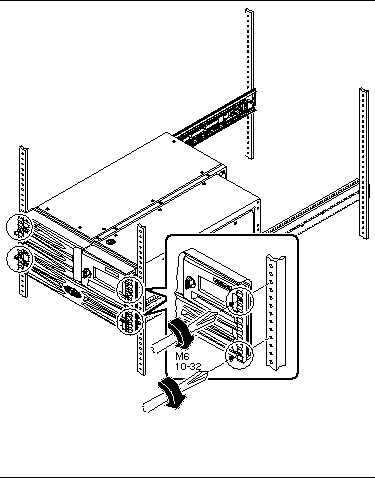 This illustration shows how to secure the V490 server to the front mounting rails.
