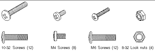 This illustration shows the screws and lock nuts (in actual size) that are included in the rack kit. A quantity is indicated for each screw. 
