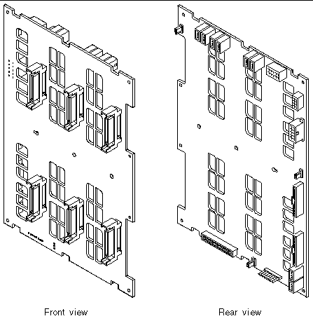 This figure shows front and rear views of the Sun Fire V890 FC-AL disk backplane.