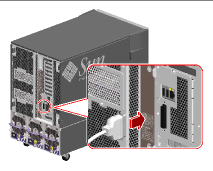 This illustration depicts the serial port at the rear of the system highlighting a cable being installed into the serial port.