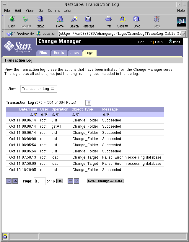 Screen capture showing a page from the Change Manager transaction log.