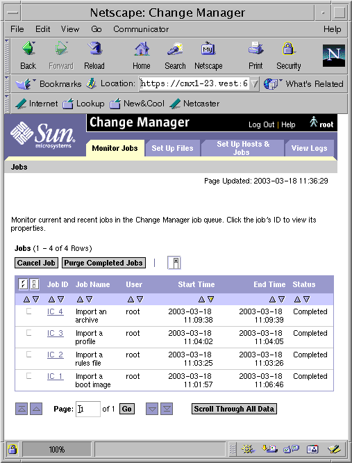 Screen capture showing a page from the Change Manager job queue.