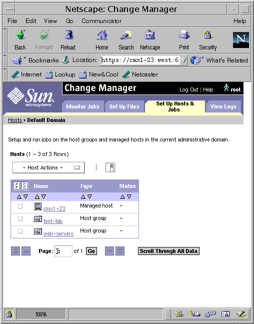 Screen capture showing a Change Manager Set Up Hosts &amp;amp;amp; Jobs page.