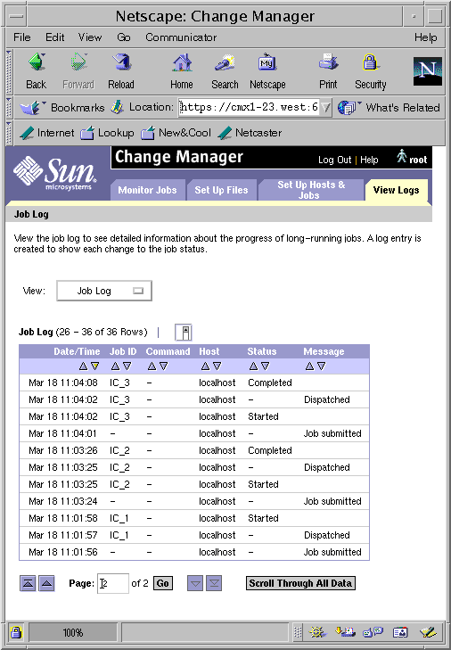 Screen capture showing a page from the Change Manager job log.