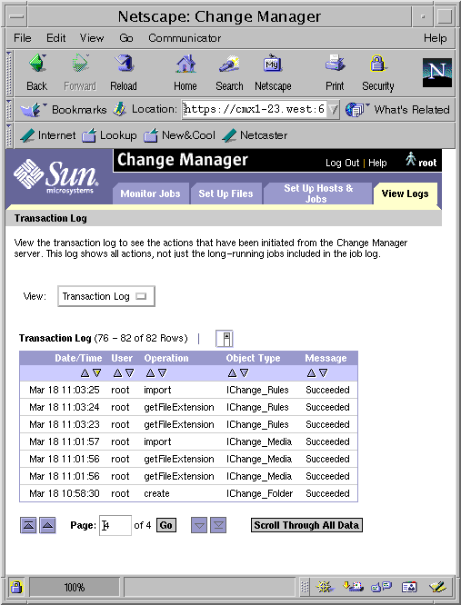 Screen capture showing a page from the Change Manager transaction log.