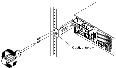 Figure showing how to secure the rear of the server into a rack.