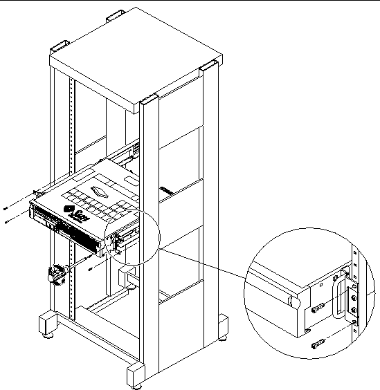 Figure showing how to secure the front of the server to the rack.