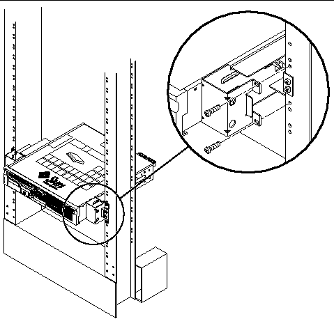 Figure showing how to secure the server in the two-post rack.