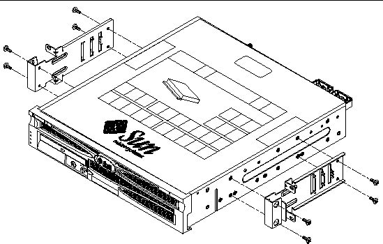 Figure showing where to secure the side brackets to the side of the server.