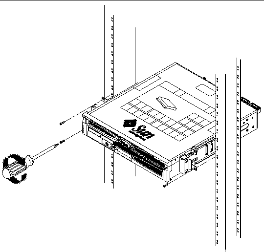 Figure showing how to secure the server in a two-post rack.