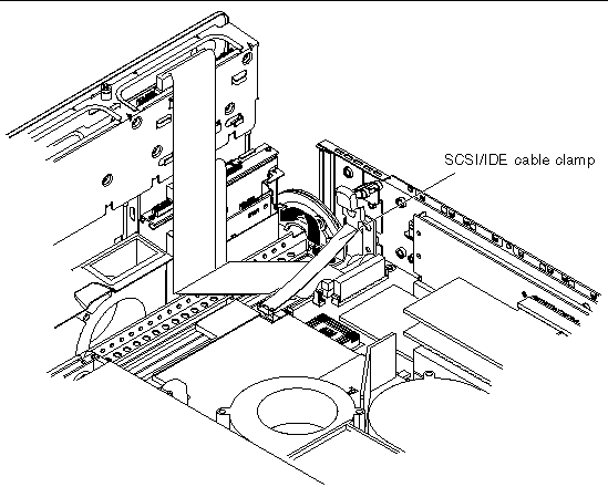 Figure showing how to lift the SCSI/IDC cable clamp.