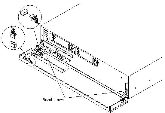 This figure shows the location of the bezel cables and the bezel screws that belong to the bezel assembly.