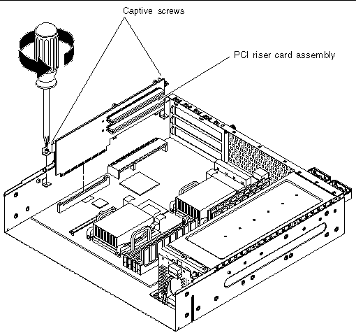 This figure shows the captive screws that must be loosened in order to remove the PCI riser card assembly.