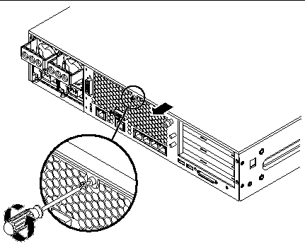 This figure shows the location of the captive screw in the back of the cover, and the direction in which to slide the cover in order to remove it from the server.