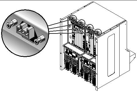 Figure showing the location of the DC connectors for the front-access model of the Netra CT chassis.