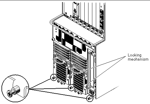 Figure showing three screws to loosen at the bottom of a Netra CT 810 server and location of the power supply unit locking mechanism.