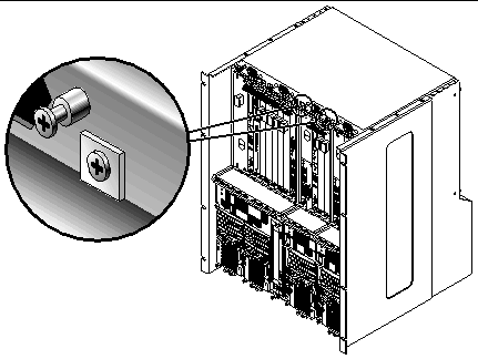 Figure showing two screws to loosen at the top of a Netra CT 410 server.