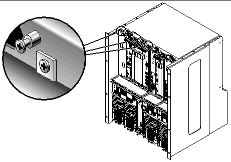 Figure showing the four screws to tighten at the top of a Netra CT 810 server.