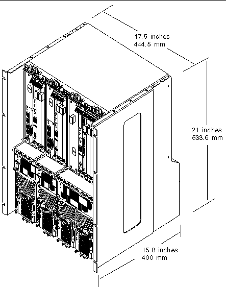 Figure showing the physical specifications for the Netra CT chassis. Same specifications are also given in TABLE 2-1.