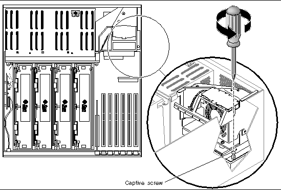 Figure showing how to unscrew the captive screw to remove the fan tray 3 assembly from the server.