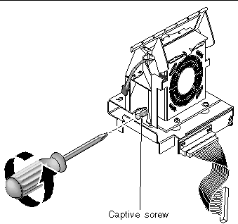 Figure showing how to loosen the captive screw that holds the two pieces of the fan tray 3 assembly together.