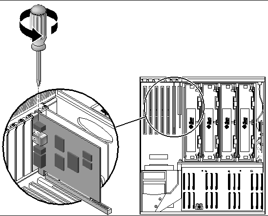 Figure showing how to remove the screw that secures the regular PCI card to system back panel.