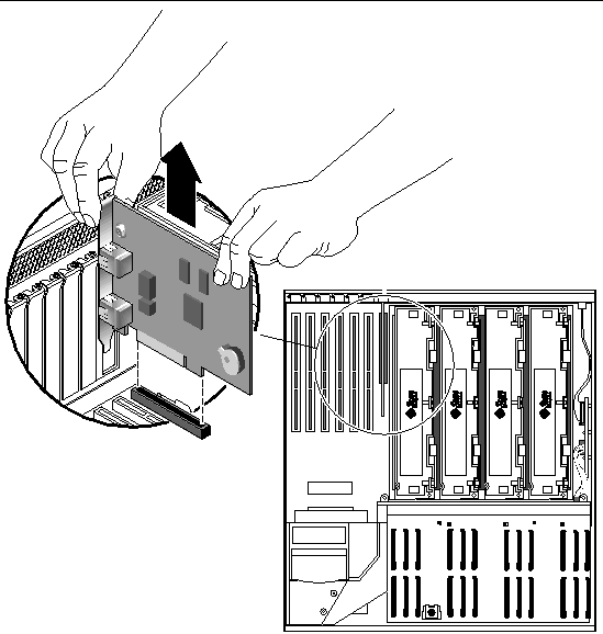Figure showing how to remove the ALOM system controller card from the system.