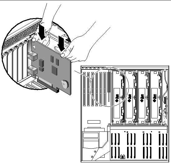 Figure showing how to insert the ALOM system controller card into the system.