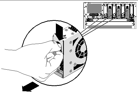 Figure showing how to remove the fan tray from the front of the system.