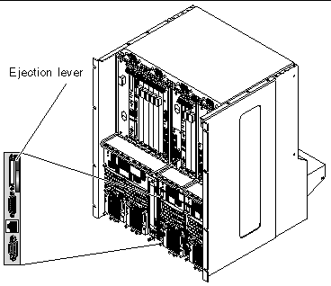 Figure showing the location of the host CPU front transition card in the Netra CT 410 server (left of power supply unit).