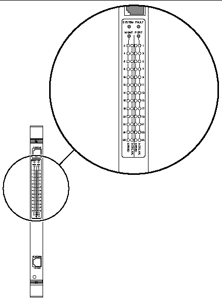 Figure showing the switching fabric board LEDs.