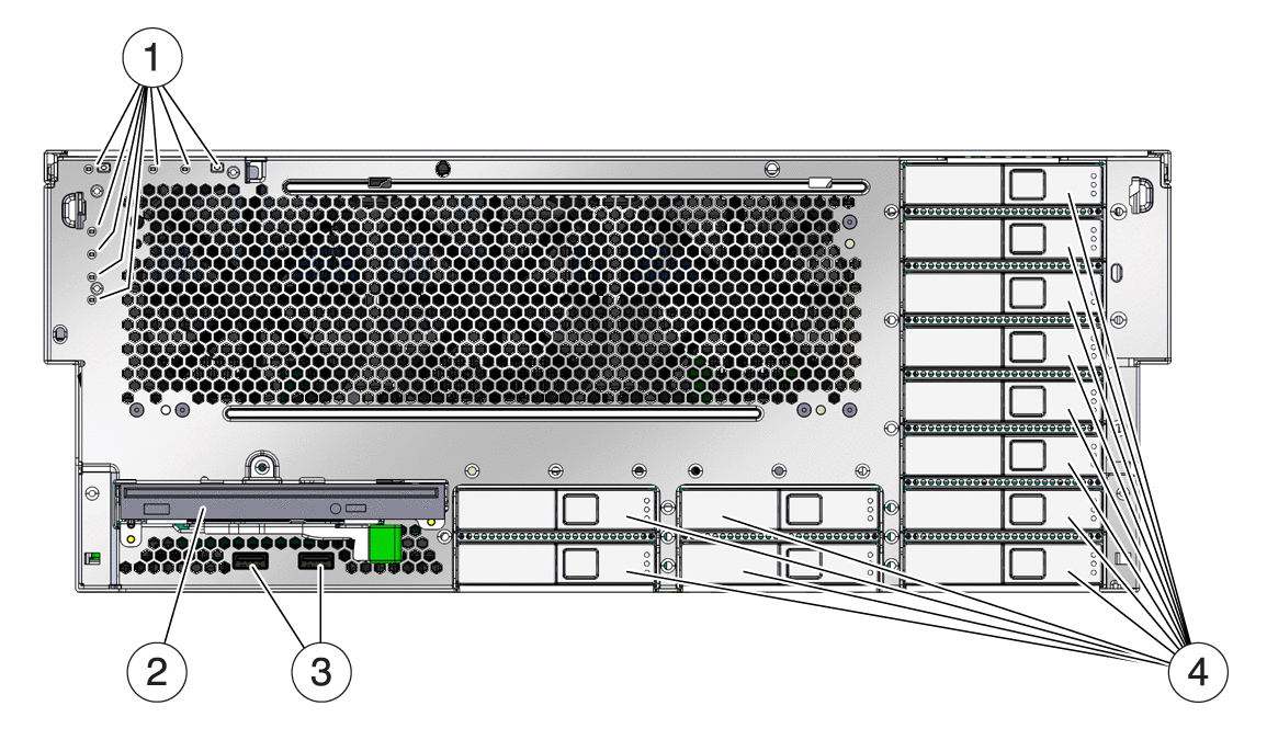 Figure showing the front panel of the Sun Netra
X4450 server with the front bezel removed.