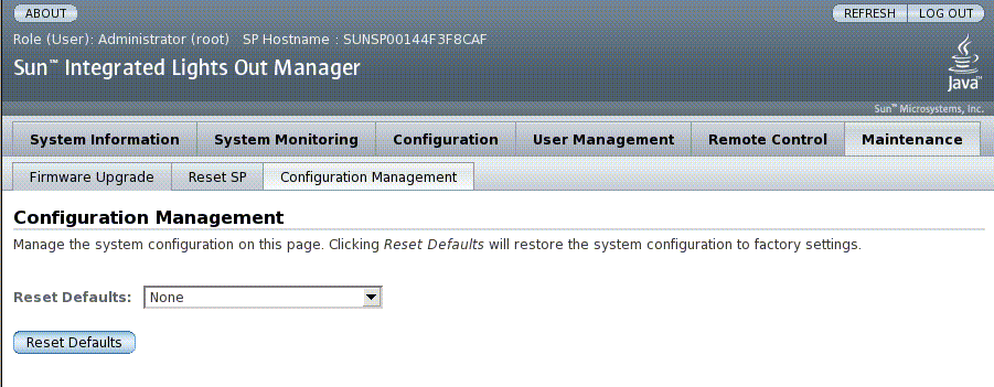 Screen shot of the ILOM web interface, showing
the Configuration Management fields.